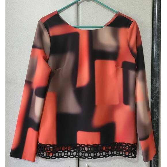 Women's Lace Hem Top, Peruzzi Abstract Print Long Sleeve, Orange, size 10 - Picture 3 of 6